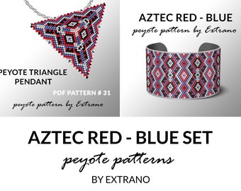 Bracelet with pendant pattern, peyote tutorial, uneven peyote pattern, triangle peyote pattern, pattern for beaded set AZTEC RED peyote set