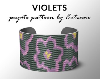 Bracelet peyote pattern, peyote bracelet, even peyote stitch pattern, wide cuff pattern - VIOLETS, 5 colors ONLY,  instant download