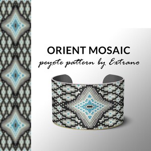 May include: A black and white beaded bracelet with a blue and white geometric pattern. The bracelet is called "Orient Mosaic peyote pattern by Extrano".