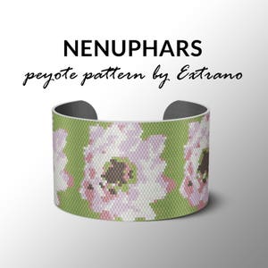 May include: A green and white beaded bracelet with a floral pattern. The bracelet is made with peyote stitch and features a design of white flowers with pink accents. The bracelet is titled "NENUPHARS peyote pattern by Extrano".