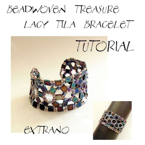May include: A tutorial for making a beaded bracelet. The bracelet is made with iridescent blue, purple, and brown beads. The bracelet is called "Treasure Lacy Tila Bracelet".