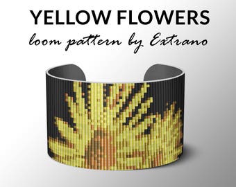 May include: A loom-woven bracelet with a yellow flower pattern on a black background. The bracelet is made with a silver metal band.