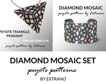 Bracelet with pendant pattern, peyote tutorial, uneven peyote pattern, triangle peyote pattern, pattern for beaded set DIAMOND peyote set