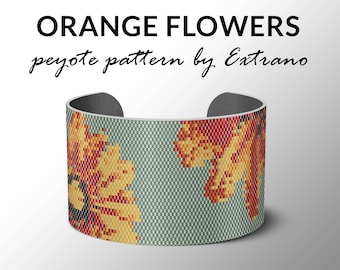 Peyote bracelet pattern, wide cuff pattern, even peyote stitch, peyote pattern, DIY jewelry, ORANGE FLOWERS - 9 colors, Instant download