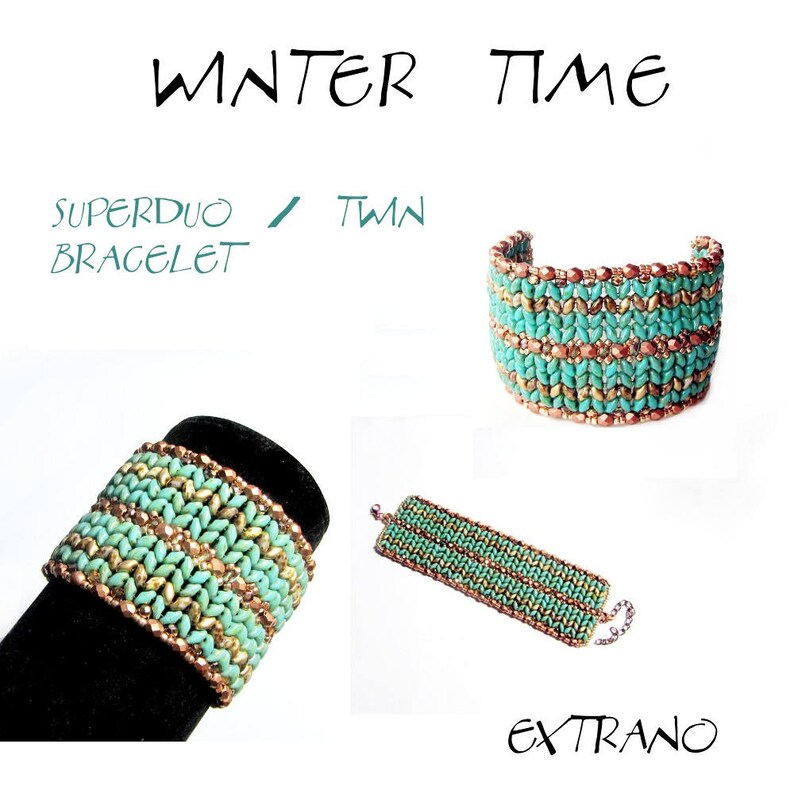 K&ouml;nnte beinhalten: Zwei t&uuml;rkisfarbene und goldene Perlenarmb&auml;nder mit dem Text "SUPERDUO / TWIN BRACELET" und "EXTRAN"O auf dem Bild.