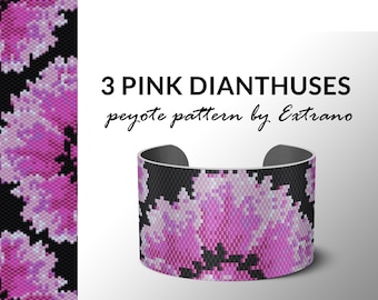 peyote bracelet pattern, peyote pattern, odd count, stitch pattern, pdf file, pdf pattern, 3 colors, beaded bracelet, 3 PINK DIANTHUSES