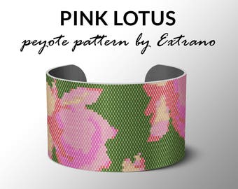 Peyote bracelet pattern, wide cuff pattern, even peyote stitch, peyote pattern, DIY jewelry - PINK LOTUS  - 5 colors only - Instant download
