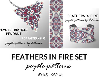 Bracelet with pendant pattern, peyote tutorial, uneven peyote pattern, triangle peyote pattern, pattern for red beaded set FEATHErS IN FIRE