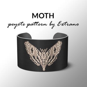 May include: A black and beige peyote stitch bracelet with a moth design. The bracelet is made with seed beads and has a metal clasp. The text "MOTH peyote pattern by Extrano" is above the bracelet.