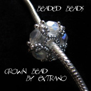 May include: A clear glass bead with a silver metal frame, surrounded by smaller silver beads. The bead is attached to a silver chain. The text "CROWN BEAD BY EXTRANO" is written below the bead.