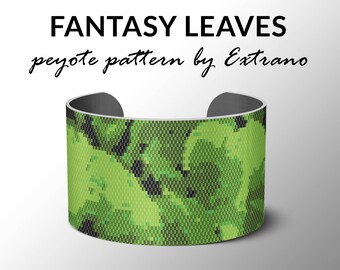 Peyote pattern bracelet, wide cuff pattern, even peyote stitch, peyote pattern, DIY jewelry - FANTASY LEAVES - 4 colors only - pdf file