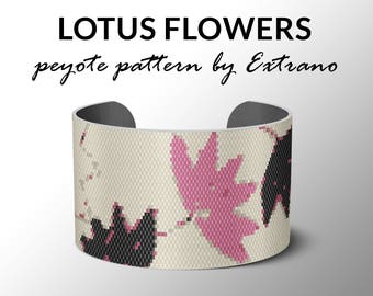 Peyote bracelet pattern, wide cuff pattern, even peyote stitch, peyote pattern, DIY jewelry - LOTUS FLOWERS - 5 colors - Instant downloads