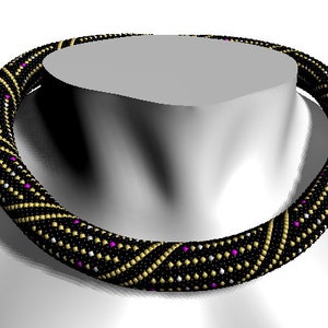 May include: A black beaded necklace with gold and purple accents. The necklace is made of small beads and has a geometric pattern.
