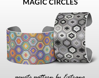 Wzór na bransoletkę peyote, wzory peyote na szerokie bransoletki, szeroki wzór na mankiet, nierówny ścieg peyote, biżuteria ściegiem peyote - MAGIC CIRCLES
