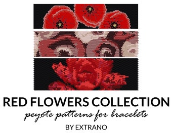 Patrones de pulsera de peyote, incluso patrón de peyote con flores, patrón de peyote de la naturaleza, patrón de peyote nativo americano COLECCIÓN FLORES ROJAS