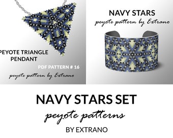 Peyote set, bracelet with pendant pattern, peyote set tutorial, uneven peyote pattern, triangle peyote pattern, pattern for set NAVY STARS