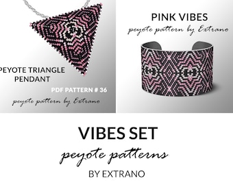 Peyote set, bracelet with pendant pattern, peyote set, uneven peyote pattern, triangle peyote pattern, pattern for beaded set PINK VIBES