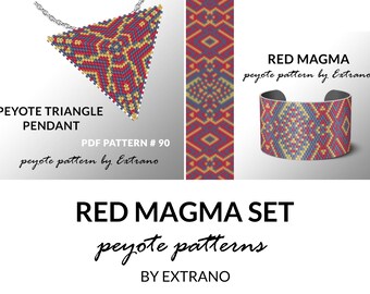 Bracelet with pendant pattern, peyote tutorial, uneven peyote pattern, triangle peyote pattern, pattern for beaded set RED MAGMA set