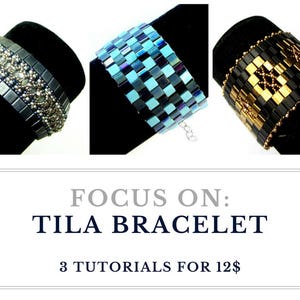 Puede incluir: Tres pulseras de cuentas en diferentes combinaciones de colores. Las pulseras están hechas con cuentas pequeñas y cuadradas en un patrón de azulejos. El texto "FOCUS ON: TILA BRACELET 3 TUTORIALS FOR 12$" se muestra debajo de las pulseras.