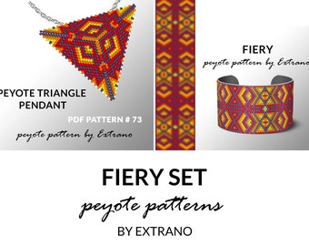 Bracelet with pendant pattern, peyote tutorial, uneven peyote pattern, triangle peyote pattern, pattern for beaded set FIERY set