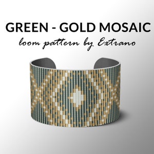 Bead Loom Pattern, Loom Tutorial, Loom Beading Pattern, Geometric Loom Pattern, Bracelet Pattern, Loom Pattern - GREEN-GOLD MOSAIC