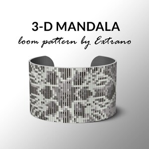 May include: A silver-colored bracelet with a black and white geometric pattern. The bracelet is made with loom beads and has a 3-D mandala design. The text "3-D MANDALA loom pattern by Extrano" is printed above the bracelet.