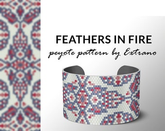 bracelet design, odd count peyote, pdf pattern, bracelet peyote, peyote pattern, native american jewelry, huichol bracelet FEATHERS IN FIRE