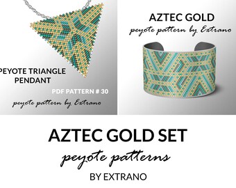 Bracelet with pendant pattern, peyote tutorial, uneven peyote pattern, triangle peyote pattern, pattern for beaded set AZTEC GOLD peyote set