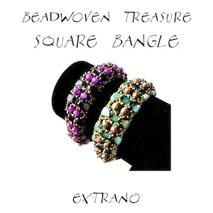 May include: Two beaded bracelets, one with purple and black beads and the other with green, copper, and black beads. The bracelets are square shaped and are on a black display stand. The text "Beadwoven Treasure Square Bangle" is above the bracelets and the text "Extran" is below the bracelets.