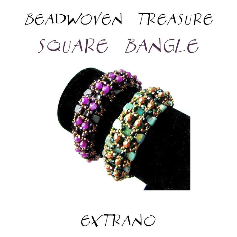 May include: Two beaded bracelets, one with purple and black beads and the other with green, copper, and black beads. The bracelets are square shaped and are on a black display stand. The text "Beadwoven Treasure Square Bangle" is above the bracelets and the text "Extran" is below the bracelets.