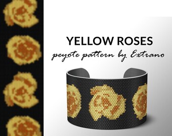 Wzór bransoletki peyote, bransoletka peyote, wzór ściegu peyote even, wzór delica - YELLOW ROSES wzór bransoletki even floral