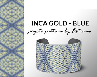 Beading pattern, pattern for bracelet, peyote pattern, peyote bracelet, bracelet pattern, peyote native, uneven peyote - INCA GOLD with blue