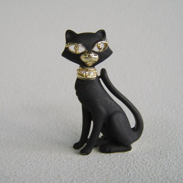 Vintage Black Cat Rhinestone Figural Brooch AJC