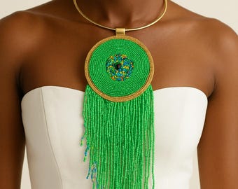 Green Colorful African Beaded Necklace With Brass Choker, Handmade Jewelry - Made in Mali