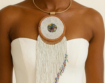White Colorful African Beaded Necklace With Brass Choker, Handmade Jewelry - Made in Mali
