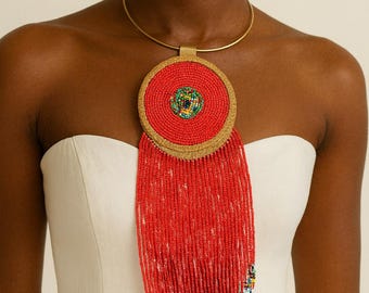 Red Colorful African Beaded Necklace With Brass Choker, Handmade Jewelry - Made in Mali