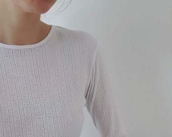 Women's hearts long sleeves white t-shirt. Comfortable stretch knit. Round neck. Fitted sweater. Minimalist top. Delicate open knit