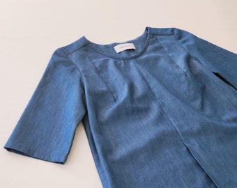 Women's slit blouse with half sleeves. Blue or black denim chambray light woven cotton tencel. Customize length, bust or hips!!