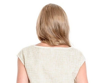 Women's cotton printed gold top black or ivory. Crosshatch patterns. Round neckline blouse. Short sleeves.