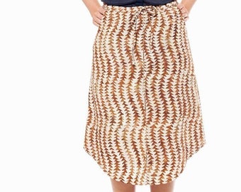 PROMO : Drawstring midi skirt rust printed cotton for woman. Side pockets. Front detail. Zip. Unlined. Summer. Triangle pattern.