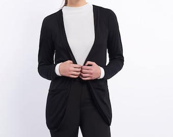 Women's black or navy casual blazer. Stretch light ponte fabric. Sophisticated Cozy jacket. Unlined. Side pockets. Waist clip. Oversized