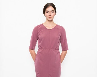 Boxy front slit dress for women. Old pink, navy, black or heather gray. 3/4 sleeves. Belt. Shoulder yoke. Suiting canvas fabric. Work dress.