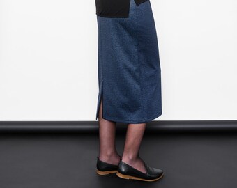 Women's straight midi skirt heather blue or black printed ponte stretch with regular elastic waist. Back lower slit. Minimalist causal