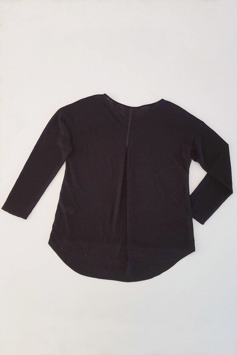 Linen sheer sweater for women. Black fine knit. Long sleeves. Low armholes. Back detail. Back pleat. Round neckline. Restock on pre-sale image 5
