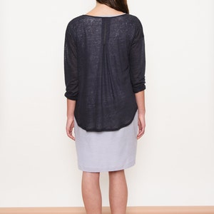 Linen sheer sweater for women. Black fine knit. Long sleeves. Low armholes. Back detail. Back pleat. Round neckline. Restock on pre-sale image 3