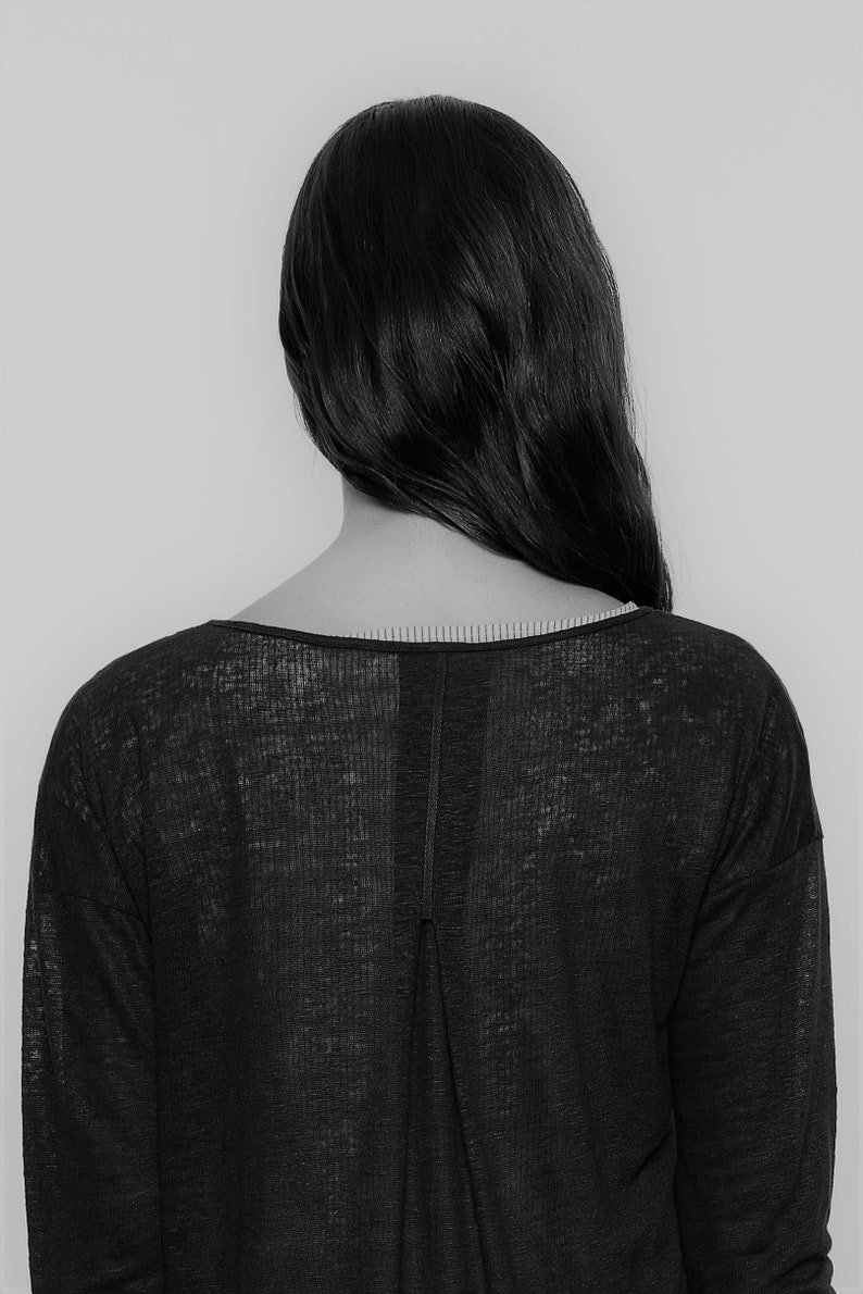 Linen sheer sweater for women. Black fine knit. Long sleeves. Low armholes. Back detail. Back pleat. Round neckline. Restock on pre-sale image 1