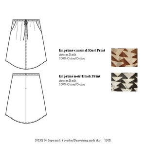 PROMO : Drawstring midi skirt rust printed cotton for woman. Side pockets. Front detail. Zip. Unlined. Summer. Triangle pattern. image 3