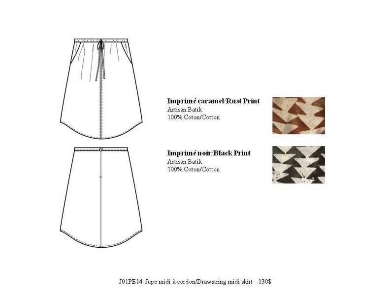 PROMO : Drawstring midi skirt rust printed cotton for woman. Side pockets. Front detail. Zip. Unlined. Summer. Triangle pattern. image 3