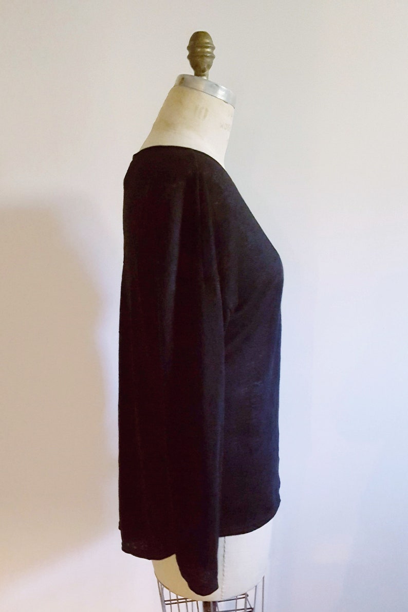 Linen sheer sweater for women. Black fine knit. Long sleeves. Low armholes. Back detail. Back pleat. Round neckline. Restock on pre-sale image 7