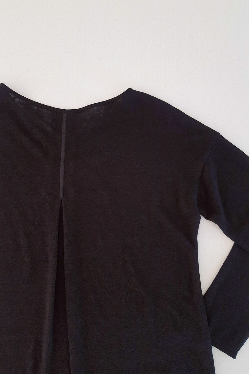 Linen sheer sweater for women. Black fine knit. Long sleeves. Low armholes. Back detail. Back pleat. Round neckline. Restock on pre-sale image 6